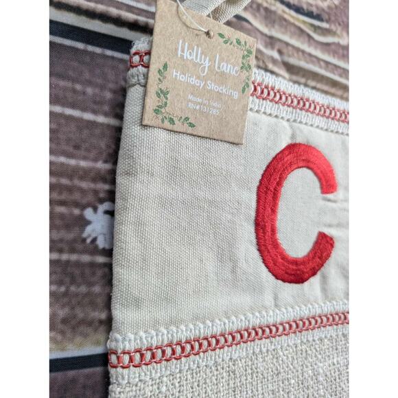 NEW Letter "C" Embroidered Beige Burlap Shimmer Christmas Stocking 20" Holiday - Picture 2 of 10